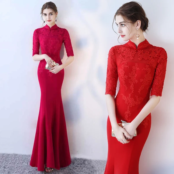Chinese style Black Evening Dresses 2017 Trumpet / Mermaid High Neck 1/2 Sleeves Appliques Lace Floor-Length / Long Ruffle Backless Formal Dresses