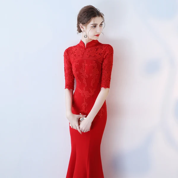Chinese style Black Evening Dresses 2017 Trumpet / Mermaid High Neck 1/2 Sleeves Appliques Lace Floor-Length / Long Ruffle Backless Formal Dresses