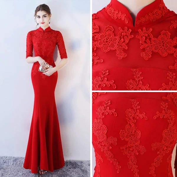 Chinese style Black Evening Dresses 2017 Trumpet / Mermaid High Neck 1/2 Sleeves Appliques Lace Floor-Length / Long Ruffle Backless Formal Dresses