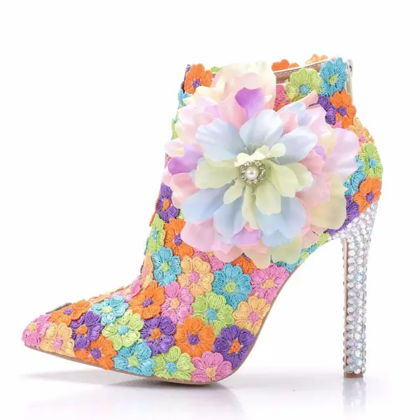 Eye-catching Multi-Colors Lace Flower Appliques Prom Womens Boots 2025 11 cm Stiletto Heels Pointed Toe Boots