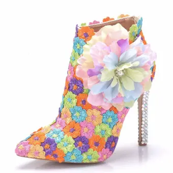 Eye Catching Multi Colors Lace Flower Appliques Prom Womens Boots 2025 11 Cm Stiletto Heels Pointed Toe Boots