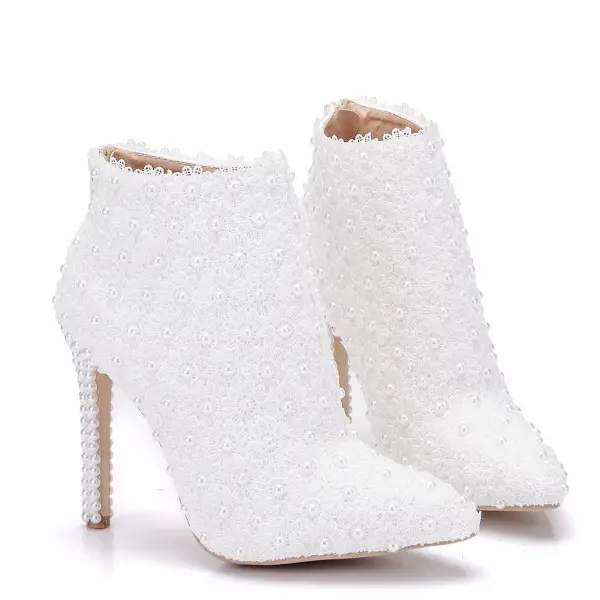 Elegant White Pearl Lace Flower Wedding Womens Boots 2025 11 cm Stiletto Heels Pointed Toe Wedding Shoes
