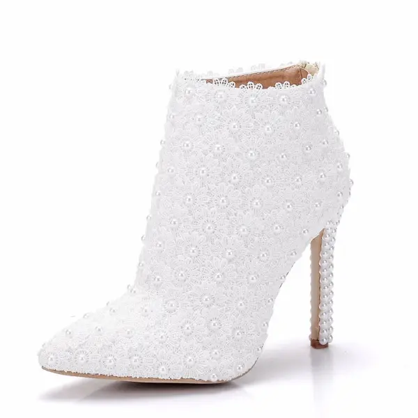 Elegant White Pearl Lace Flower Wedding Womens Boots 2025 11 cm Stiletto Heels Pointed Toe Wedding Shoes