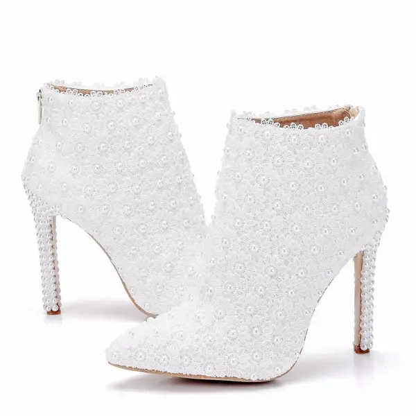 Elegant White Pearl Lace Flower Wedding Womens Boots 2025 11 cm Stiletto Heels Pointed Toe Wedding Shoes