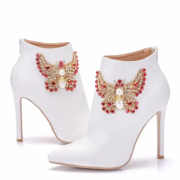 Style Chinois Blanche Faux Diamant Papillon Mariage Bottes 2025 11 cm Talons Aiguilles À Bout Pointu Chaussure De Mariée