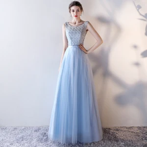 Chic Belle Bleu Ciel Robe De Soirée 2017 Princesse Encolure Dégagée Sans Manches Perle Noeud Ceinture Longue Volants Percé Dos Nu Robe De Ceremonie