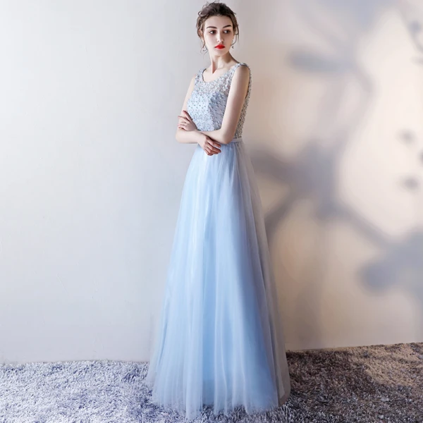 Chic / Belle Bleu Ciel Robe De Soirée 2017 Princesse Encolure Dégagée Sans Manches Perle Noeud Ceinture Longue Volants Percé Dos Nu Robe De Ceremonie