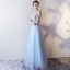 Chic / Belle Bleu Ciel Robe De Soirée 2017 Princesse Encolure Dégagée Sans Manches Perle Noeud Ceinture Longue Volants Percé Dos Nu Robe De Ceremonie