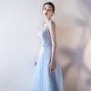 Chic / Belle Bleu Ciel Robe De Soirée 2017 Princesse Encolure Dégagée Sans Manches Perle Noeud Ceinture Longue Volants Percé Dos Nu Robe De Ceremonie