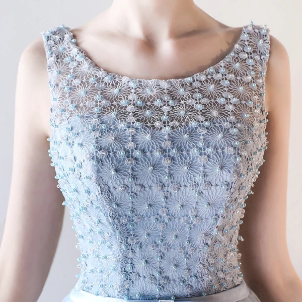 Chic / Belle Bleu Ciel Robe De Soirée 2017 Princesse Encolure Dégagée Sans Manches Perle Noeud Ceinture Longue Volants Percé Dos Nu Robe De Ceremonie