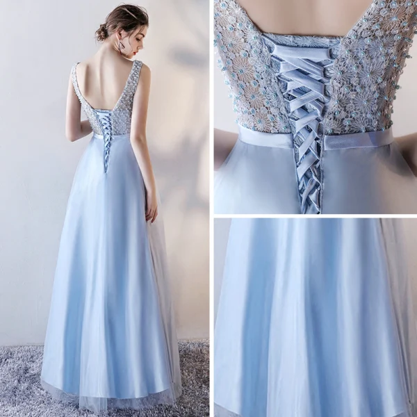 Chic / Belle Bleu Ciel Robe De Soirée 2017 Princesse Encolure Dégagée Sans Manches Perle Noeud Ceinture Longue Volants Percé Dos Nu Robe De Ceremonie