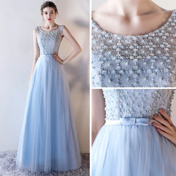 Chic / Belle Bleu Ciel Robe De Soirée 2017 Princesse Encolure Dégagée Sans Manches Perle Noeud Ceinture Longue Volants Percé Dos Nu Robe De Ceremonie