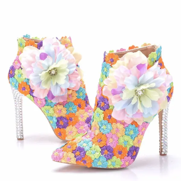 Eye-catching Multi-Colors Lace Flower Appliques Prom Womens Boots 2025 11 cm Stiletto Heels Pointed Toe Boots