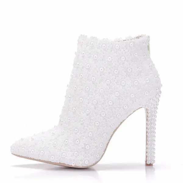 Elegant White Pearl Lace Flower Wedding Womens Boots 2025 11 cm Stiletto Heels Pointed Toe Wedding Shoes