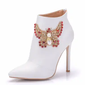 Chinese Style White Rhinestone Butterfly Wedding Boots 2025 11 Cm Stiletto Heels Pointed Toe Wedding Shoes
