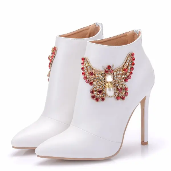 Style Chinois Blanche Faux Diamant Papillon Mariage Bottes 2025 11 cm Talons Aiguilles À Bout Pointu Chaussure De Mariée