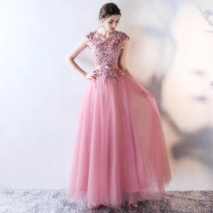 Chic Beautiful Candy Pink Evening Dresses 2017 A Line Princess Scoop Neck Sleeveless Appliques Flower Pearl Rhinestone Sequins Bow Sash Floor Length Long Ruffle Backless Formal Dresses