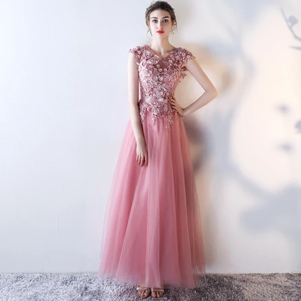 Schöne Pink Abendkleider 2017 A Linie Rundhalsausschnitt Ärmellos Applikationen Blumen Perle Strass Pailletten Schleife Stoffgürtel Lange Rüschen Rückenfreies Festliche Kleider
