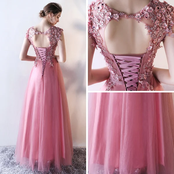 Schöne Pink Abendkleider 2017 A Linie Rundhalsausschnitt Ärmellos Applikationen Blumen Perle Strass Pailletten Schleife Stoffgürtel Lange Rüschen Rückenfreies Festliche Kleider