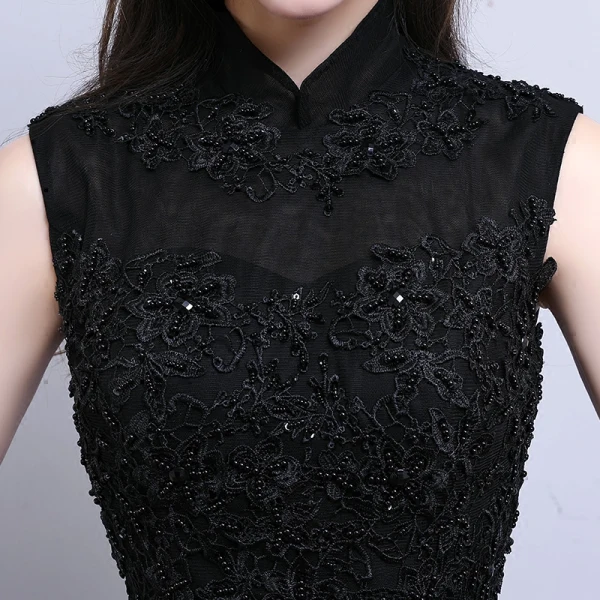 Vintage / Originale Noire Robe De Soirée 2017 Princesse Col Haut Sans Manches Appliques En Dentelle Perlage Longue Volants Dos Nu Robe De Ceremonie