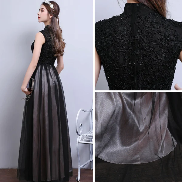 Vintage / Originale Noire Robe De Soirée 2017 Princesse Col Haut Sans Manches Appliques En Dentelle Perlage Longue Volants Dos Nu Robe De Ceremonie
