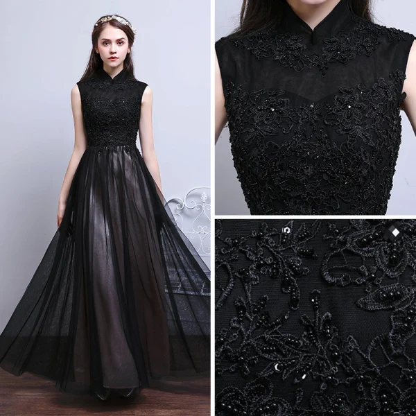 Vintage / Originale Noire Robe De Soirée 2017 Princesse Col Haut Sans Manches Appliques En Dentelle Perlage Longue Volants Dos Nu Robe De Ceremonie