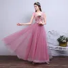 Chic / Beautiful Candy Pink Evening Dresses  2017 A-Line / Princess Scoop Neck Sleeveless Appliques Flower Pearl Floor-Length / Long Ruffle Pierced Backless Formal Dresses
