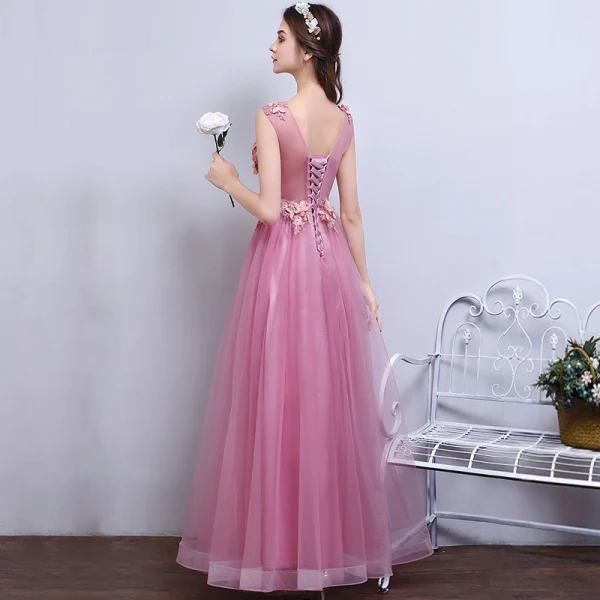Chic / Beautiful Candy Pink Evening Dresses 2017 A-Line / Princess Scoop Neck Sleeveless Appliques Flower Pearl Floor-Length / Long Ruffle Pierced Backless Formal Dresses