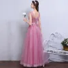 Chic / Beautiful Candy Pink Evening Dresses  2017 A-Line / Princess Scoop Neck Sleeveless Appliques Flower Pearl Floor-Length / Long Ruffle Pierced Backless Formal Dresses