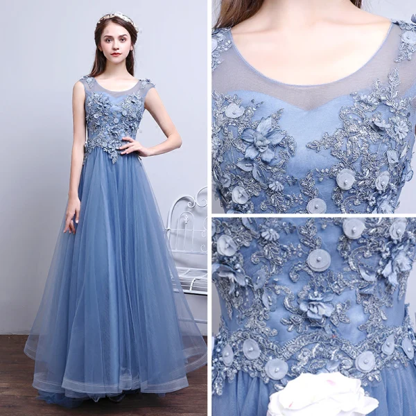 Chic / Beautiful Candy Pink Evening Dresses 2017 A-Line / Princess Scoop Neck Sleeveless Appliques Flower Pearl Floor-Length / Long Ruffle Pierced Backless Formal Dresses