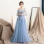 Charmant Himmelblau Abendkleider 2018 A Linie Off Shoulder 1/2 Ärmel Applikationen Blumen Strass Perle Sweep / Pinsel Zug Rüschen Rückenfreies Festliche Kleider