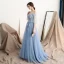 Charmant Himmelblau Abendkleider 2018 A Linie Off Shoulder 1/2 Ärmel Applikationen Blumen Strass Perle Sweep / Pinsel Zug Rüschen Rückenfreies Festliche Kleider