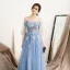 Charmant Himmelblau Abendkleider 2018 A Linie Off Shoulder 1/2 Ärmel Applikationen Blumen Strass Perle Sweep / Pinsel Zug Rüschen Rückenfreies Festliche Kleider