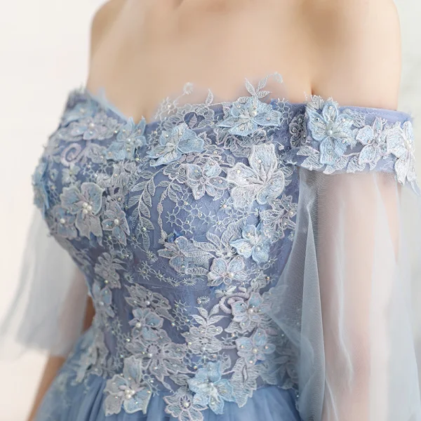 Charmant Himmelblau Abendkleider 2018 A Linie Off Shoulder 1/2 Ärmel Applikationen Blumen Strass Perle Sweep / Pinsel Zug Rüschen Rückenfreies Festliche Kleider