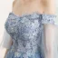 Charmant Himmelblau Abendkleider 2018 A Linie Off Shoulder 1/2 Ärmel Applikationen Blumen Strass Perle Sweep / Pinsel Zug Rüschen Rückenfreies Festliche Kleider