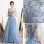 Charmant Himmelblau Abendkleider 2018 A Linie Off Shoulder 1/2 Ärmel Applikationen Blumen Strass Perle Sweep / Pinsel Zug Rüschen Rückenfreies Festliche Kleider