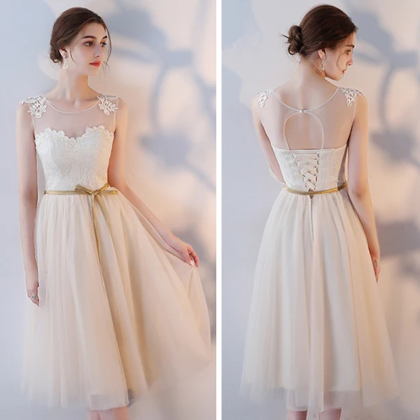 Abordable Champagne Transparentes Robe Demoiselle D'honneur 2018 Princesse Ceinture Thé Longueur Volants Dos Nu Robe Pour Mariage