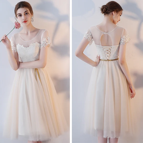 Abordable Champagne Transparentes Robe Demoiselle D'honneur 2018 Princesse Ceinture Thé Longueur Volants Dos Nu Robe Pour Mariage