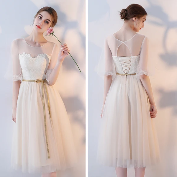 Abordable Champagne Transparentes Robe Demoiselle D'honneur 2018 Princesse Ceinture Thé Longueur Volants Dos Nu Robe Pour Mariage