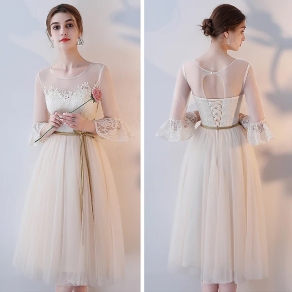 Abordable Champagne Transparentes Robe Demoiselle D'honneur 2018 Princesse Ceinture Thé Longueur Volants Dos Nu Robe Pour Mariage