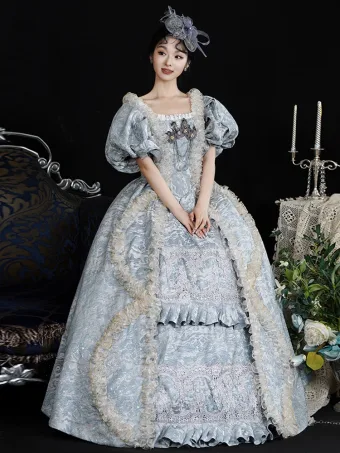 Vintage Originale Médiévale Bleu Ciel Perle Fleur Robe De Bal 2024 Longue Dentelle U Cou Princesse Robe Boule Cosplay Promo Robe De Ceremonie