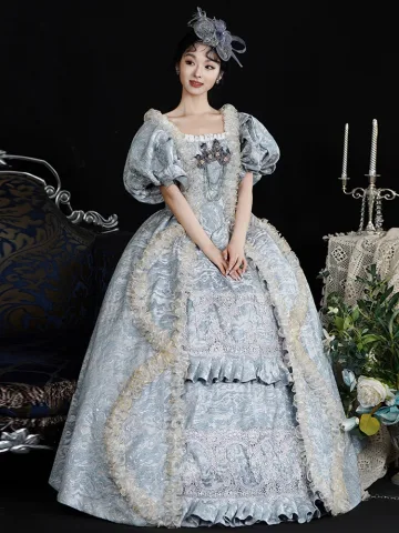 Vintage Originale Médiévale Bleu Ciel Perle Fleur Robe De Bal 2024 Longue Dentelle U Cou Princesse Robe Boule Cosplay Promo Robe De Ceremonie