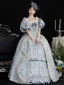 Vintage / Retro Medieval Sky Blue Pearl Flower Prom Dresses 2024 Floor-Length / Long Lace U-Neck A-Line / Princess Ball Gown Cosplay Prom Formal Dresses