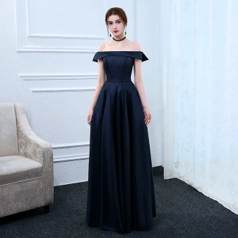 Modest Simple Navy Blue Evening Dresses 2017 A Line Princess Off The Shoulder Short Sleeve Floor Length Long Ruffle Backless Formal Dresses