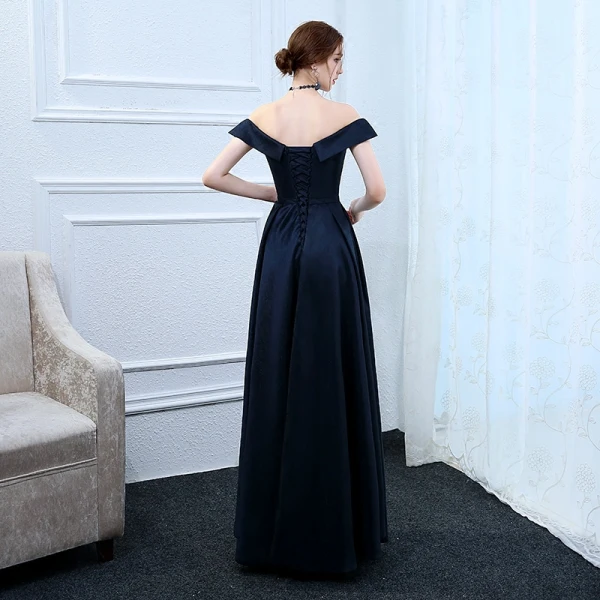 Modest / Simple Navy Blue Evening Dresses 2017 A-Line / Princess Off-The-Shoulder Short Sleeve Floor-Length / Long Ruffle Backless Formal Dresses