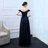 Modest / Simple Navy Blue Evening Dresses  2017 A-Line / Princess Off-The-Shoulder Short Sleeve Floor-Length / Long Ruffle Backless Formal Dresses