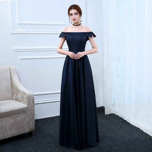 Modest / Simple Navy Blue Evening Dresses 2017 A-Line / Princess Off-The-Shoulder Short Sleeve Floor-Length / Long Ruffle Backless Formal Dresses