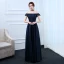Modest / Simple Navy Blue Evening Dresses  2017 A-Line / Princess Off-The-Shoulder Short Sleeve Floor-Length / Long Ruffle Backless Formal Dresses