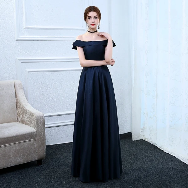 Modest / Simple Navy Blue Evening Dresses 2017 A-Line / Princess Off-The-Shoulder Short Sleeve Floor-Length / Long Ruffle Backless Formal Dresses