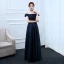 Modest / Simple Navy Blue Evening Dresses  2017 A-Line / Princess Off-The-Shoulder Short Sleeve Floor-Length / Long Ruffle Backless Formal Dresses